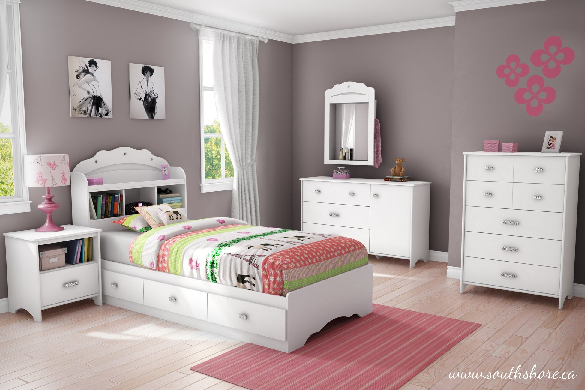 South Shore Tiara Wood Twin Bookcase Storage Bed In Pure White