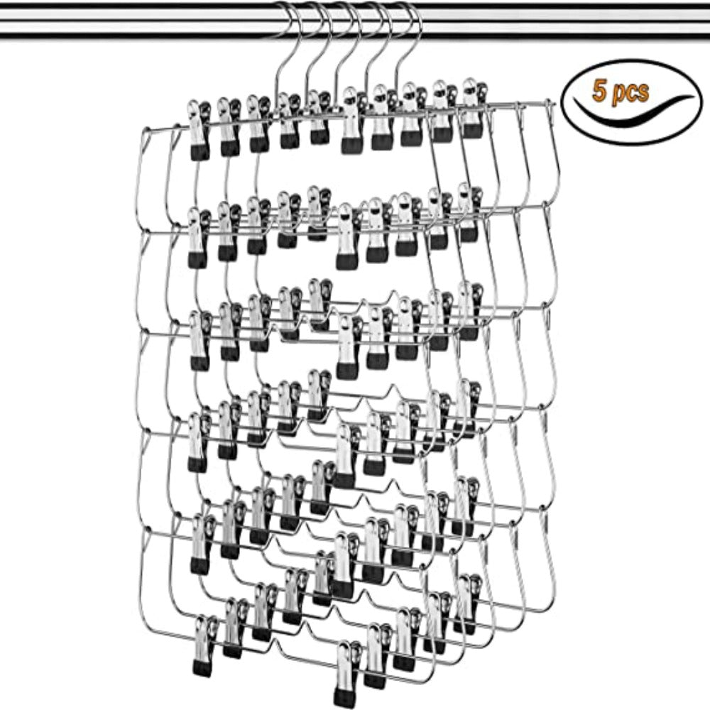 6-Tier Foldable Pants & Skirt Hanger with Adjustable Clips, 6-Pair Chrome Steel