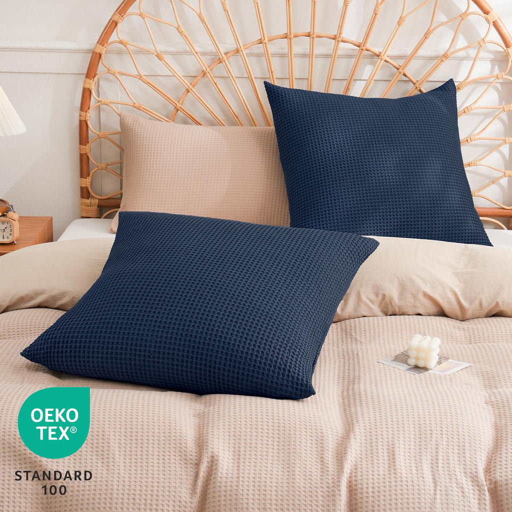 Phf 100% Cotton Waffle Weave Throw Pillow Cover, 24' X 24', No Filling, 2 Pack Elegant Home Decorative Square Throw Pillow Covers For Bed Couch Sofa, Dark Navy
