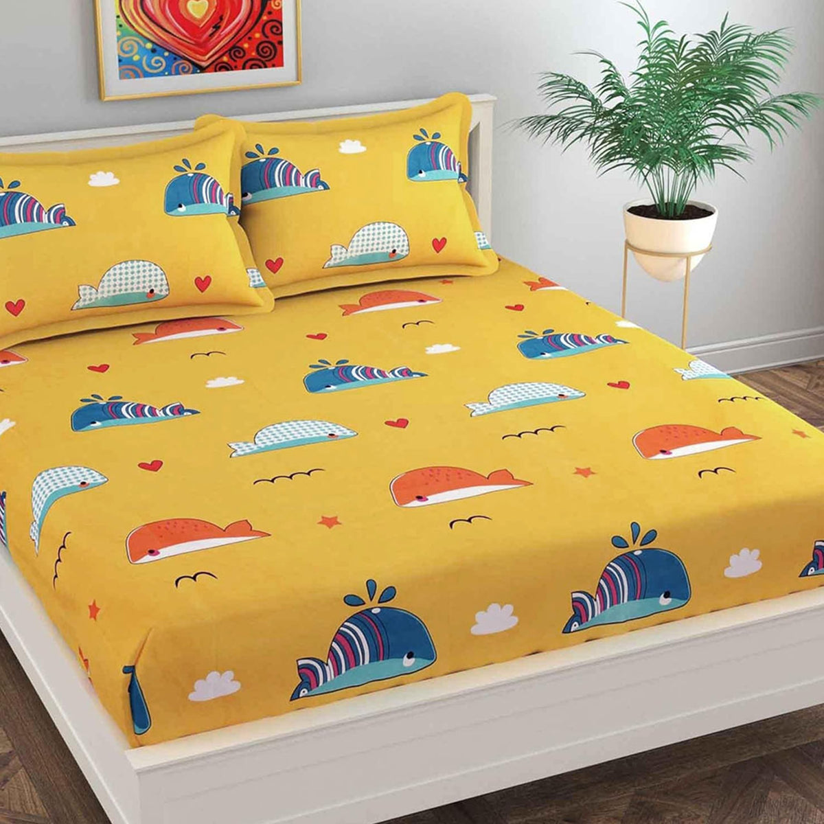 Weave & Dcor Super Soft Super Comfortable Pure Cotton Feel 300 TC 90x60 inches Cute Yellow Kids Single Bed Bedsheet with One Pil