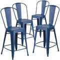 4 Pk. 24 High Distressed Antique Blue Metal Counter Height Stool with Back