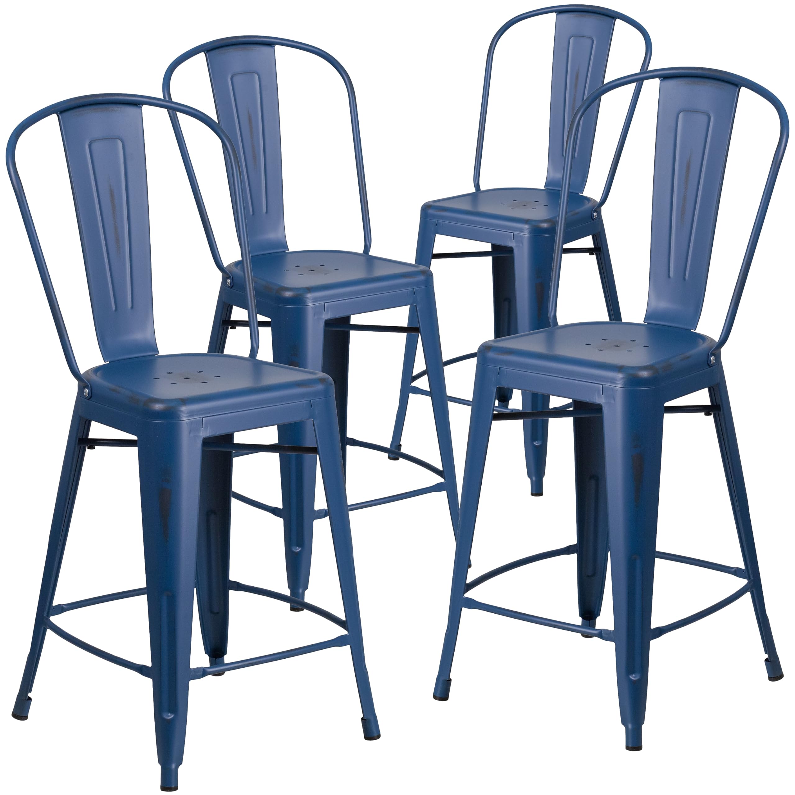 4 Pk. 24 High Distressed Antique Blue Metal Counter Height Stool with Back