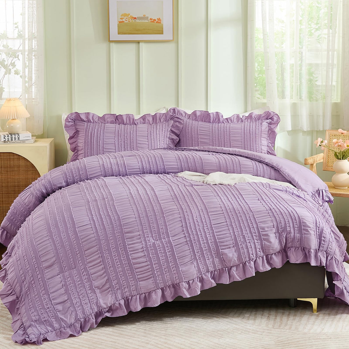 Wongs Bedding Purple Comforter Set King,3 Pieces Ruffle Farmhouse Shabby Chic Comforter For King Bed,Soft Textured Boho Bedding