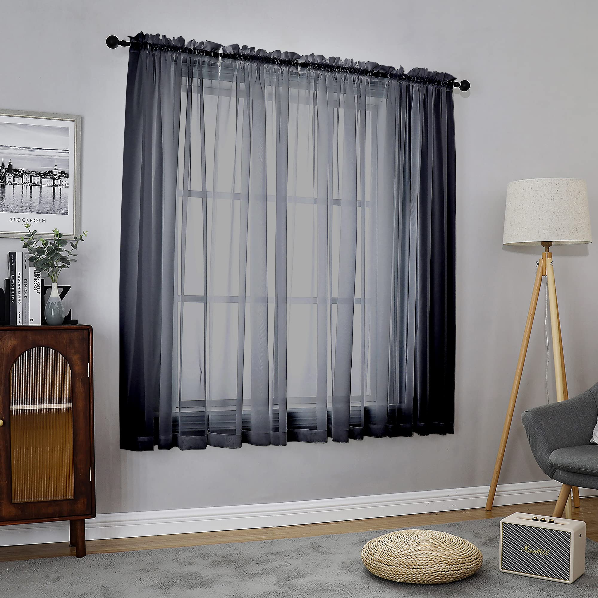 Chyhomenyc Black Sheer Window Curtain Panels 54 Inch 2 Panels, Light Filtering Solid Voile Curtains Drapes for Small Window/Bath