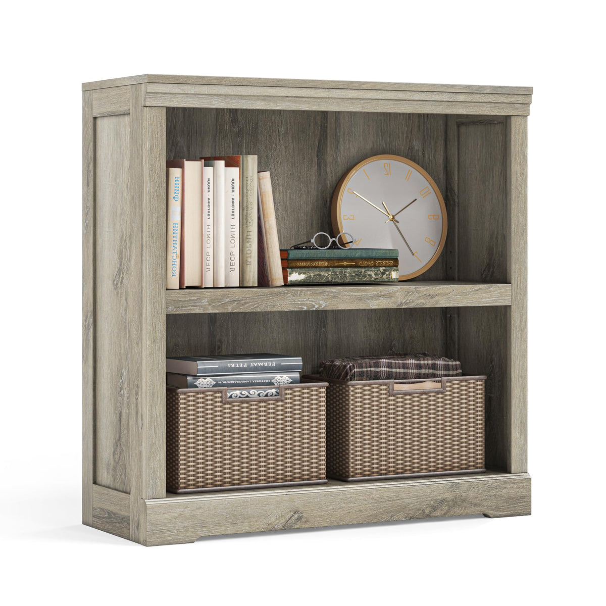 Linsy Home 2-Tier Bookcase And Bookshelf, Small Wood Display Storage Shelves Farmhouse Bookshelf For Home Office, Living Room, Bed Room - Light Brown