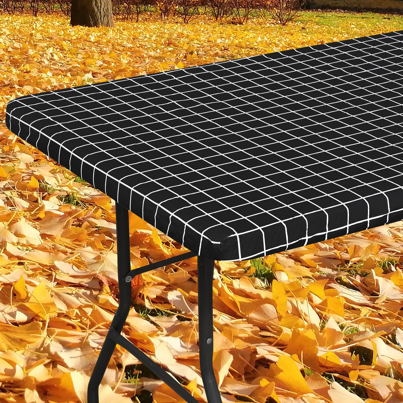 Spotjoy Rectangle Table Cloth, Elastic Fitted Flannel Backed Plastic Table Covers For 8 Foot Folding Tables, Waterproof Vinyl Ta