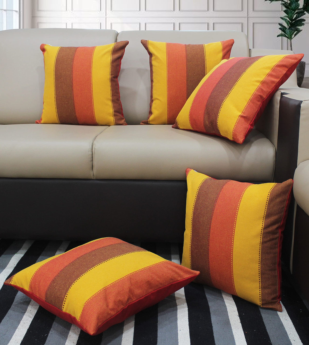 Airwill Cotton Dobby Stripe Red Themed Cushion Covers For Cushions & Pillows (RedYellow, Pack Of 5)