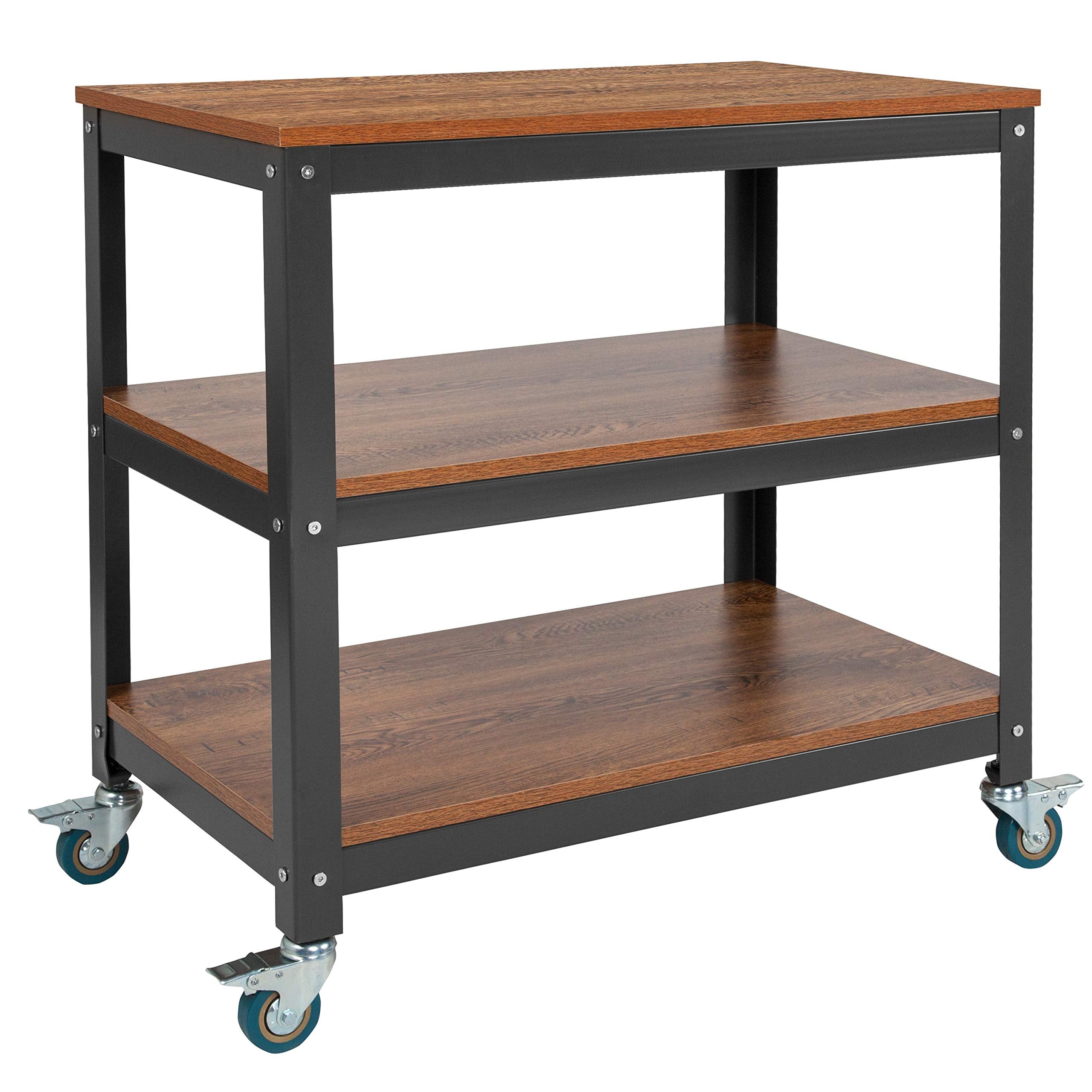 Flash Furniture Livingston Collection 30W Rolling Storage Cart with Metal Wheels in Brown Oak Wood Grain Finish