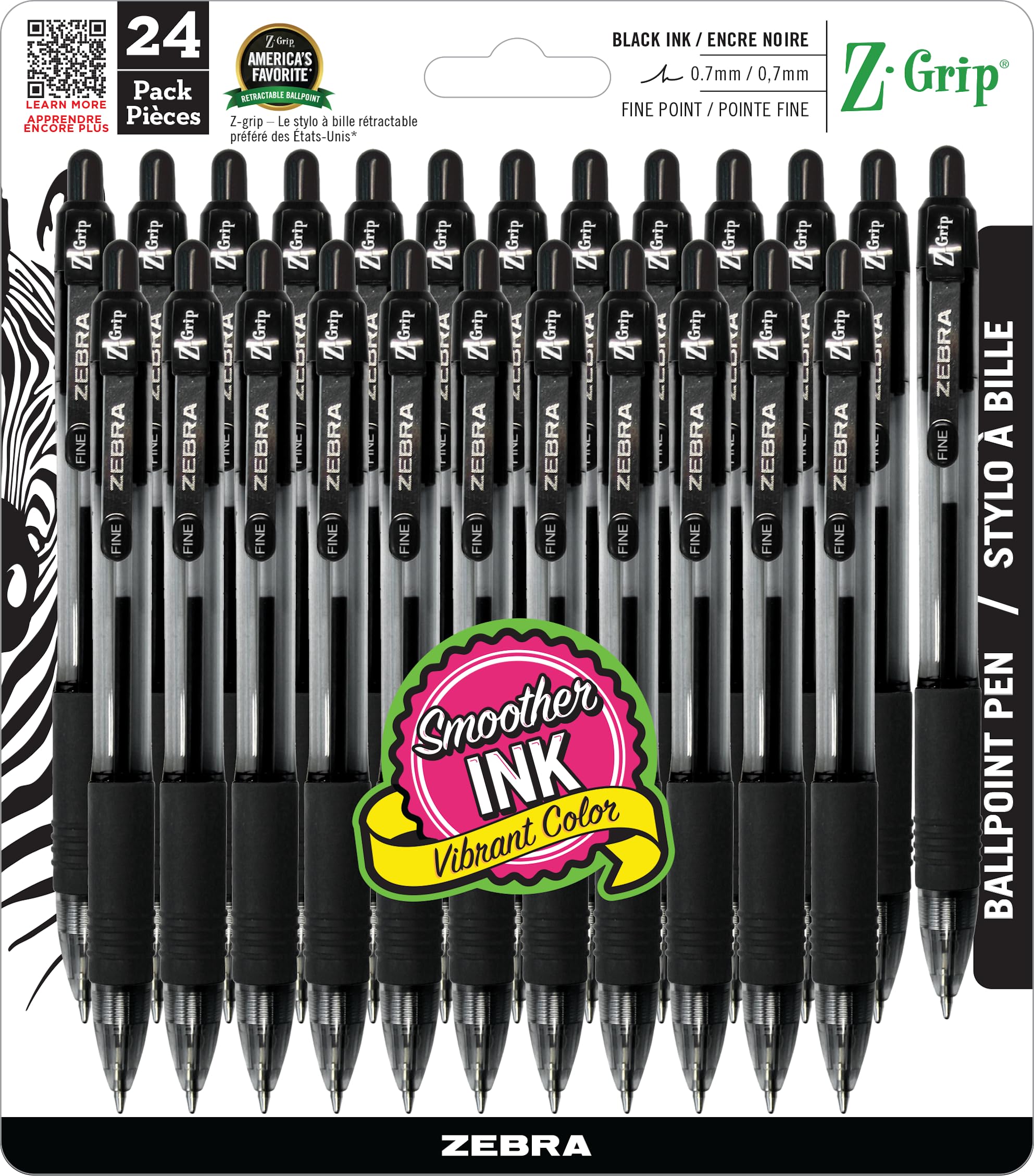 Zebra Pen Z-Grip Retractable Ballpoint Pen, 0.7Mm, Black Ink, 24-Pack (23124)