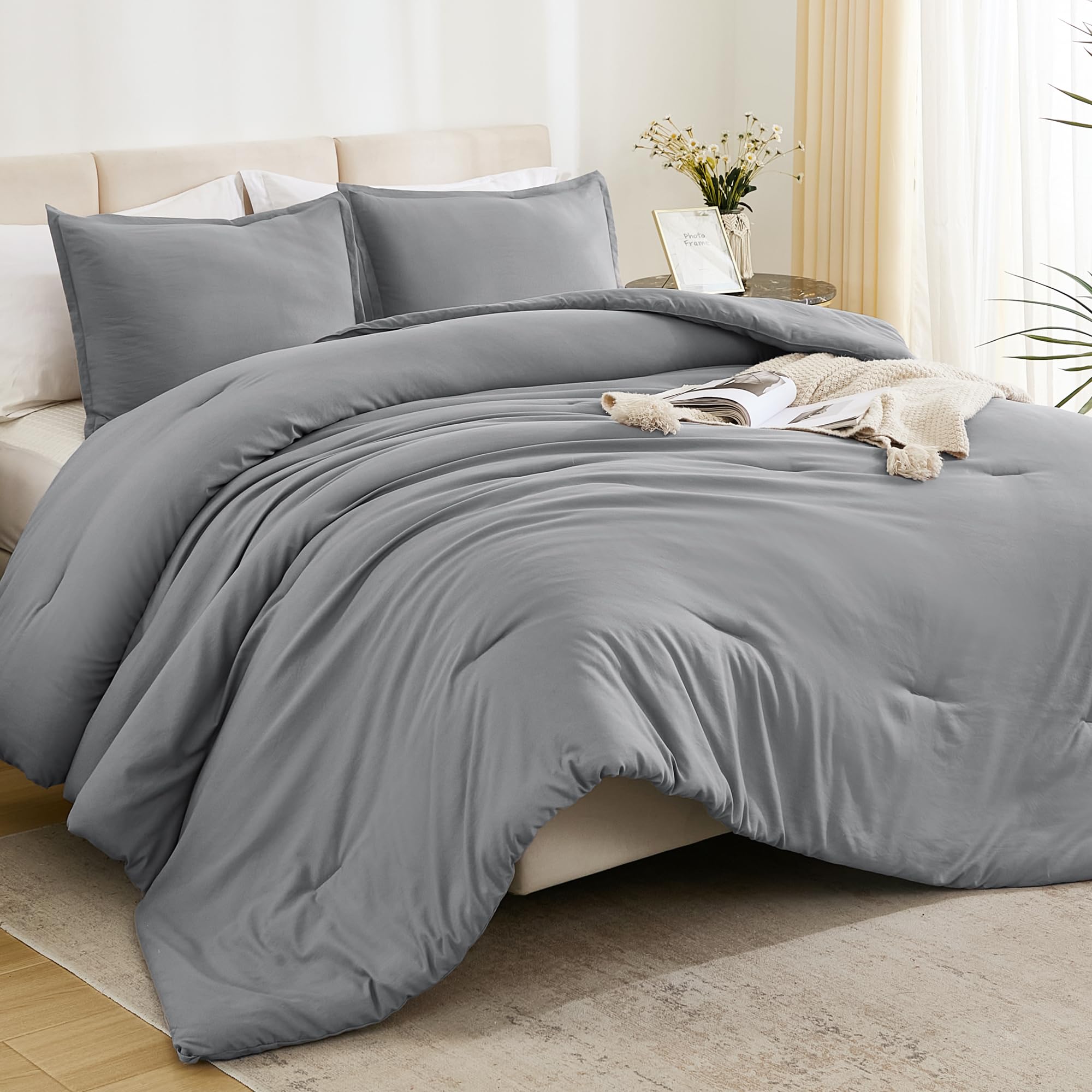 Litanika Comforters Medium Gray Queen Size, 3 Pieces Lightweight Solid Bedding Set & Collections, All Season Fluffy Bed Set (90X