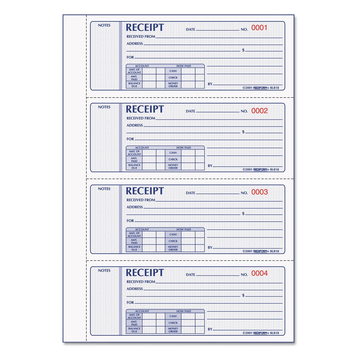 Rediform Money Receipt Book, Hardcover, Three-Part Carbonless, 7 X 2.75, 4 Forms/Sheet, 200 Forms Total