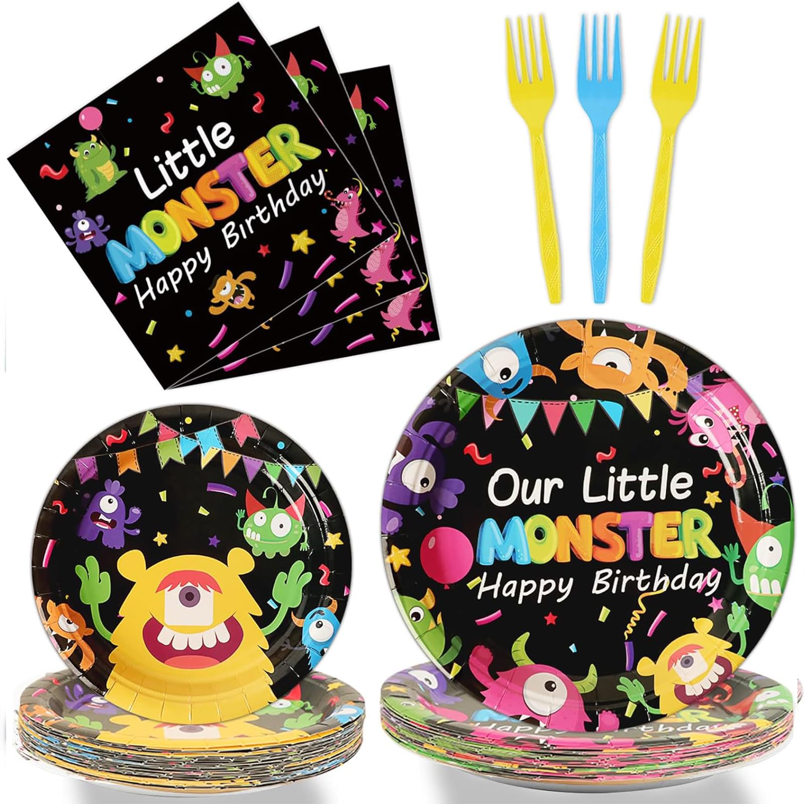 96 Pcs Monster Plates and Napkins Party Supplies kits Monster Tableware Set Little Monster Party Decorations Favors for Boy or G