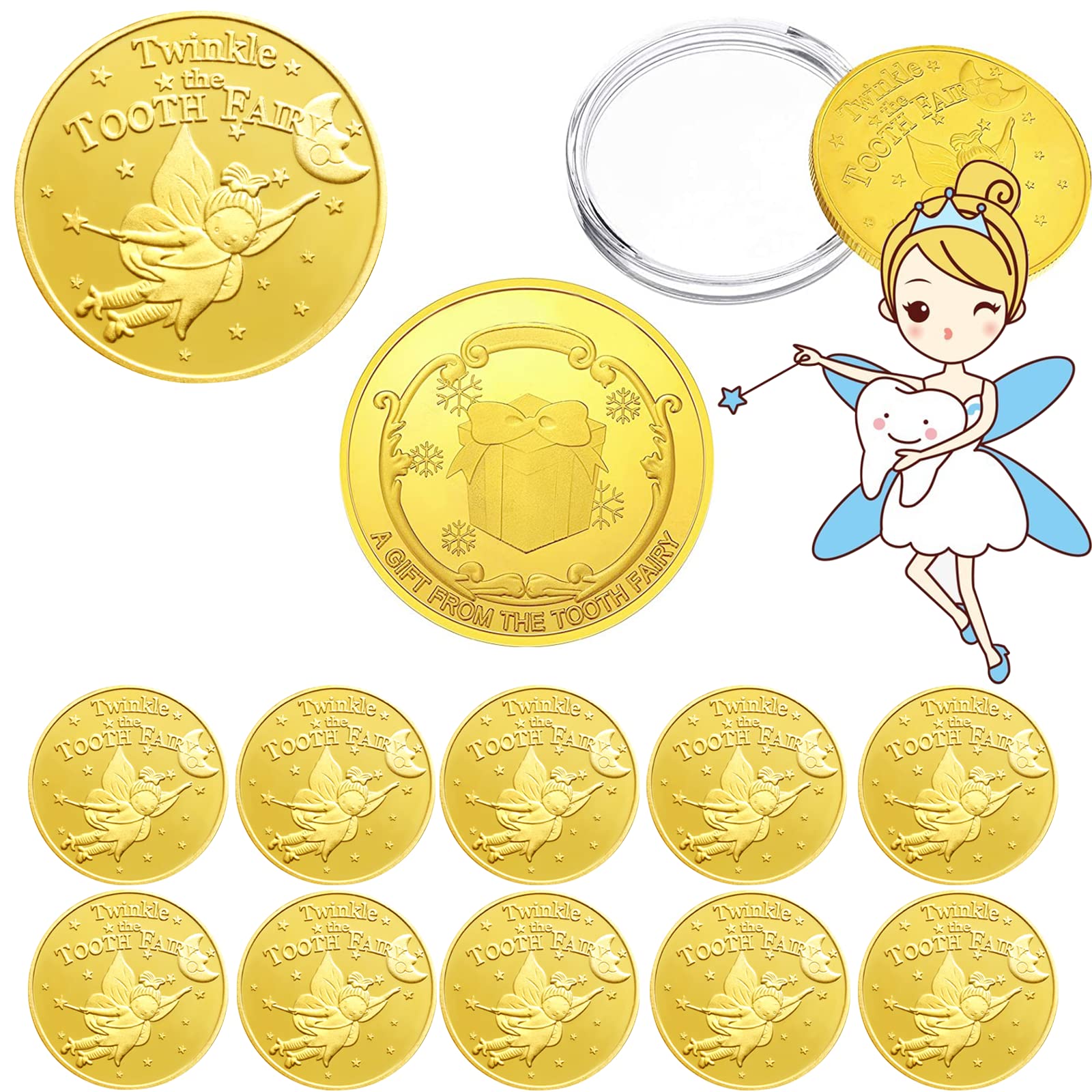 Tooth Fairy Coins, Youya Dental 10Pcs Lost Teeth Reward Commemorative Coin Dental Tooth Fairy Golden Plated Metal Coin Kids Teet