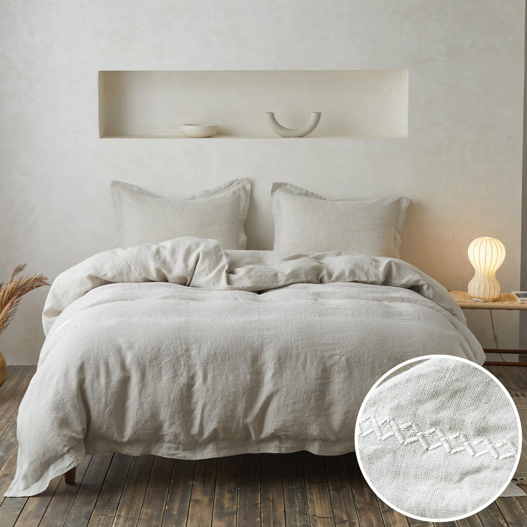 Simple&Opulence 100% Linen Duvet Cover Set With Crossed Embroidery Washed - 3 Pieces (1 Duvet Cover With 2 Pillow Shams) Soft Breathable Farmhouse - Linen, King Size