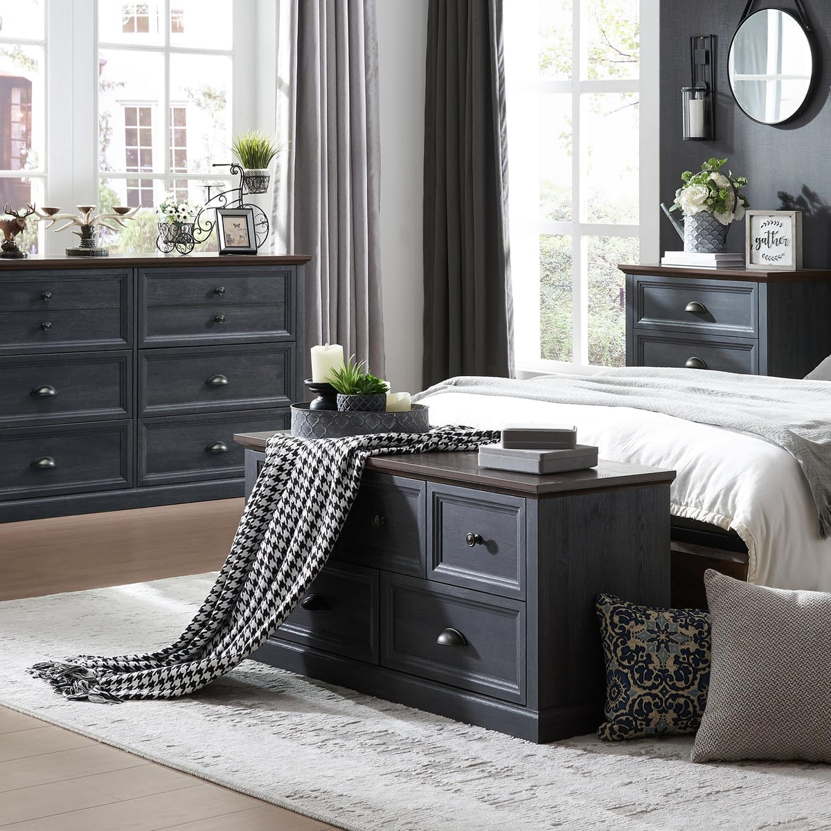 IFGET Farmhouse Dresser for Bedroom with 5 Drawers, Wide Chest of Drawers, Storage Closet Bench Storage Chest Storage Trunk, Woo