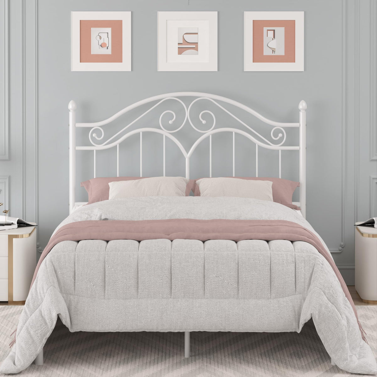 Elephance Queen Size Metal Bed Frame With Vintage Headboard,11 Inches Storage Space Platform Bed No Box Spring Needed Easy Assembly,White