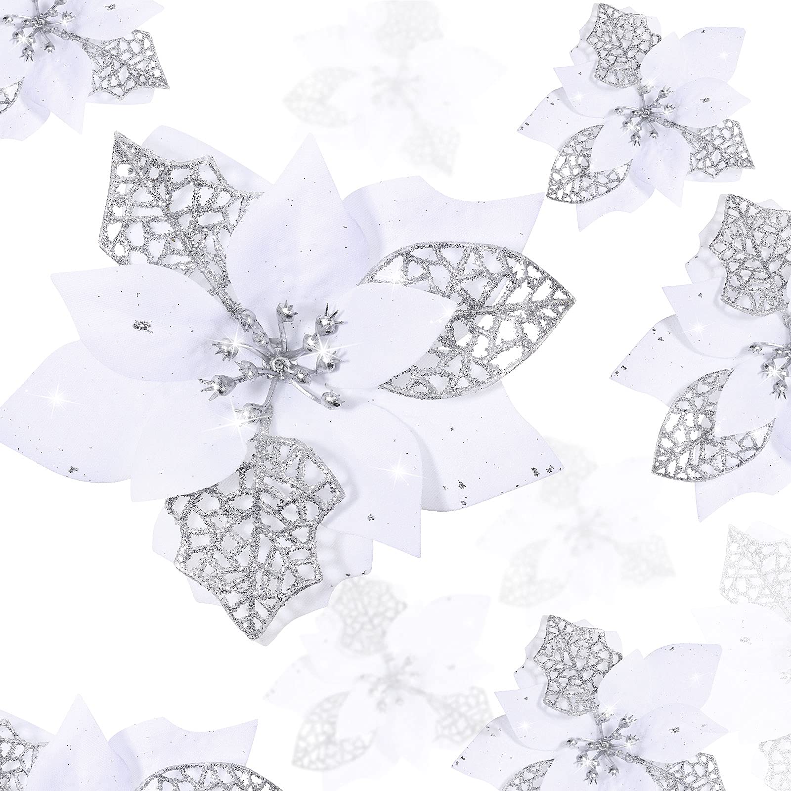 Boao 24 Pieces Christmas Artificial Glitter Poinsettia Flowers Xmas Flowers Wedding Christmas Tree New Year Ornaments(White)