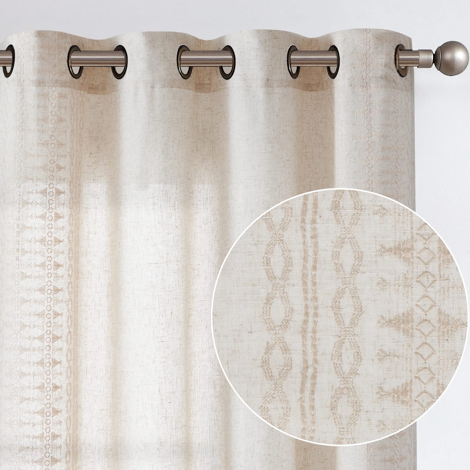 jinchan Boho Curtains for Bedroom Beige Linen Curtains Embroidered Bordered Window Curtains Living Room Drapes 90 Inch Length Bo