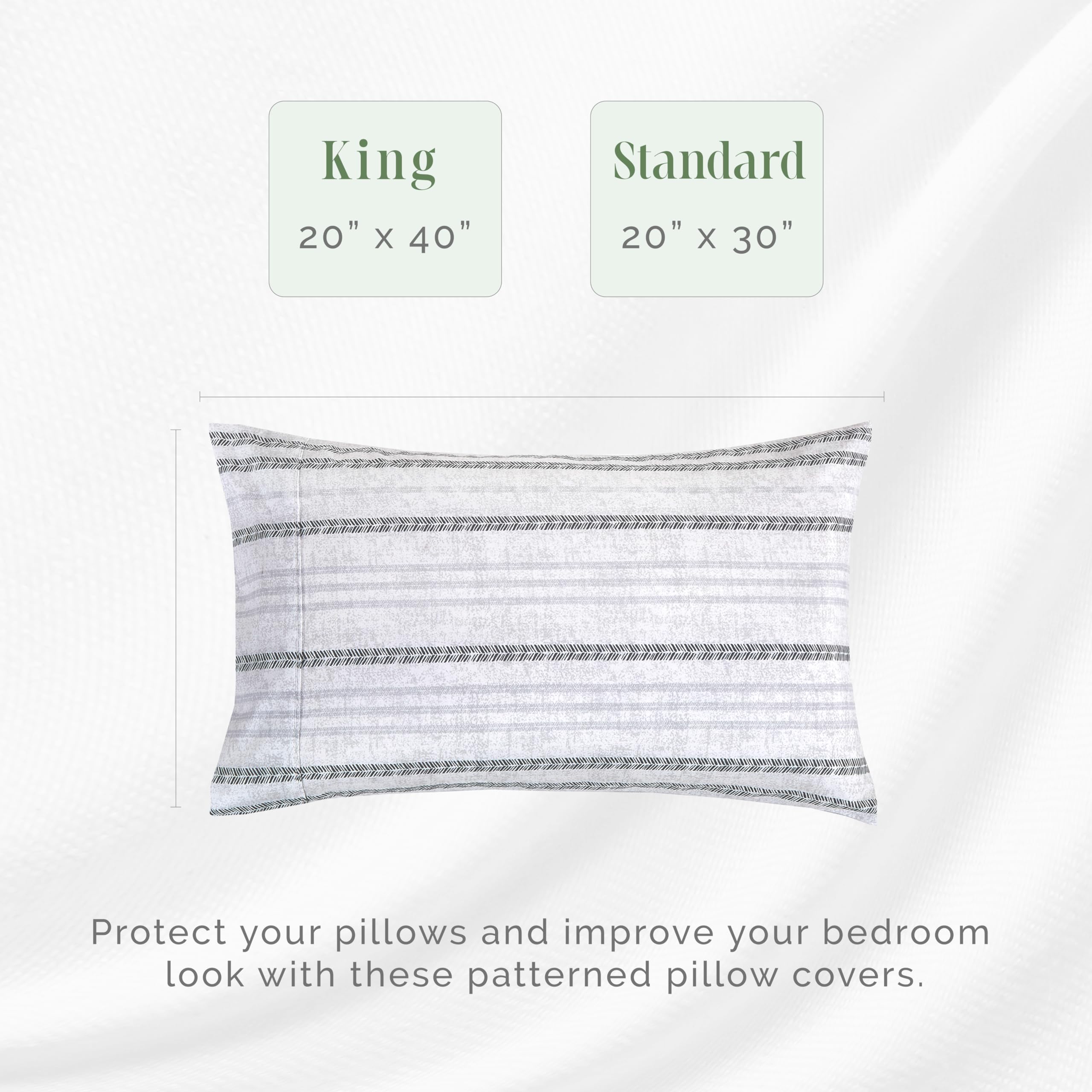 Elegant Comfort Ultra Soft Set Of 2 Striped Print Pillowcases - 1500 Premium Hotel Quality Microfiber, Soft And Smooth Envelope Closure 2-Piece Pillow Covers - Standard/Queen, Traci Gray