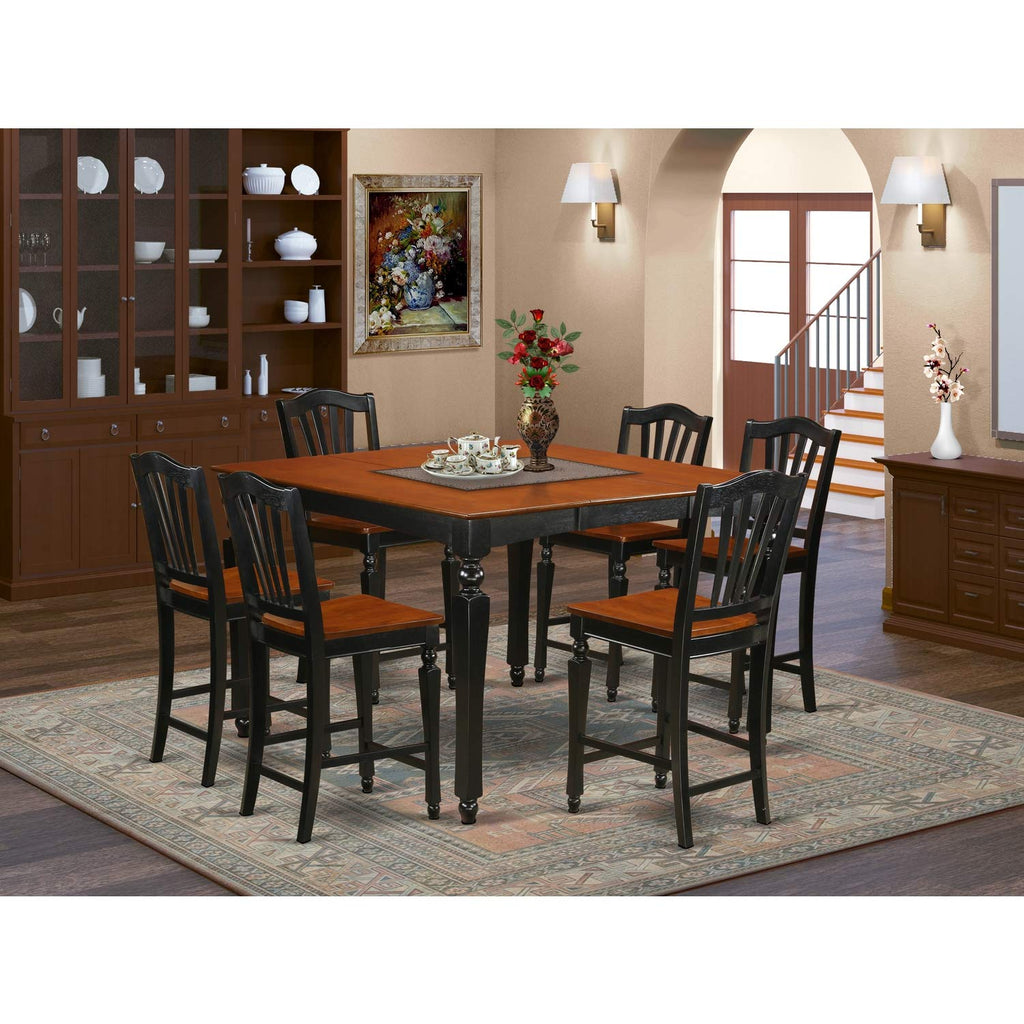 East West Furniture CHEL7-BLK-W Chelsea 7 Piece Counter Height Pub Set Consist of a Square Table with Butterfly Leaf and 6 Dining Room Chairs, 54x54 Inch