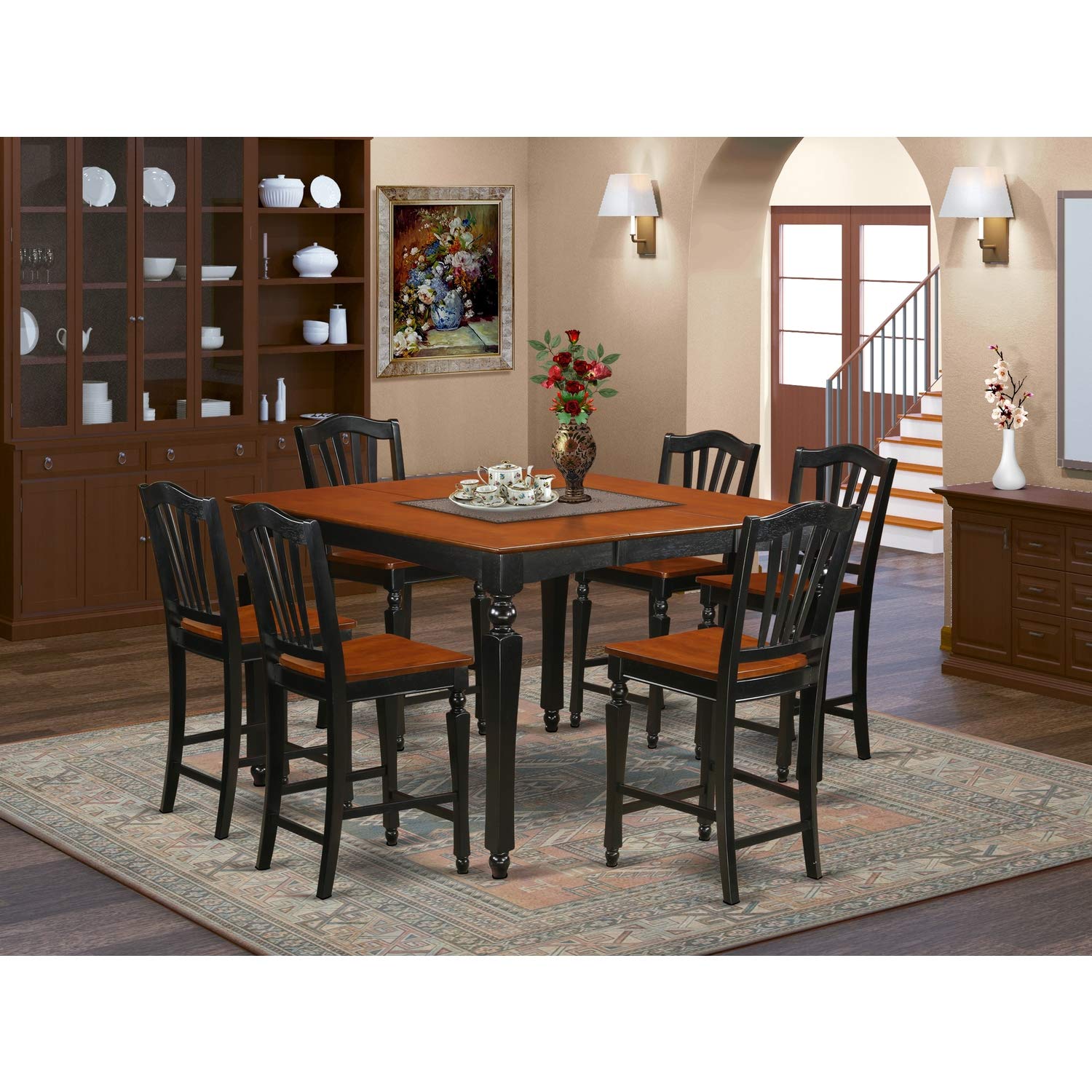 East West Furniture CHEL7-BLK-W Chelsea 7 Piece Counter Height Pub Set Consist of a Square Table with Butterfly Leaf and 6 Dining Room Chairs, 54x54 Inch