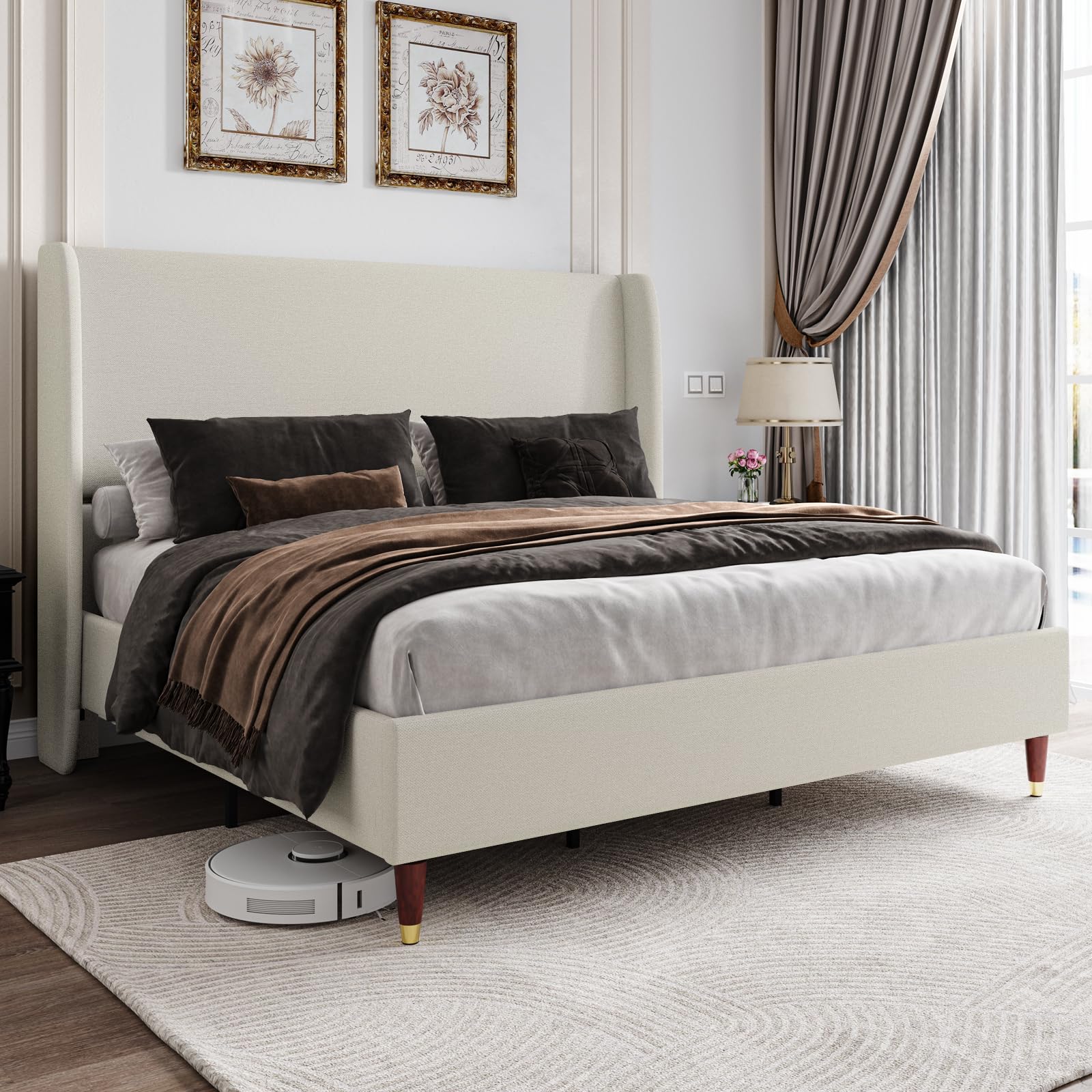 Jocisland Upholstered Bed Frame Full Size 51.2 High Platform Bed with Wingback Headboard/No Box Spring Needed/Easy Assembly/Brow