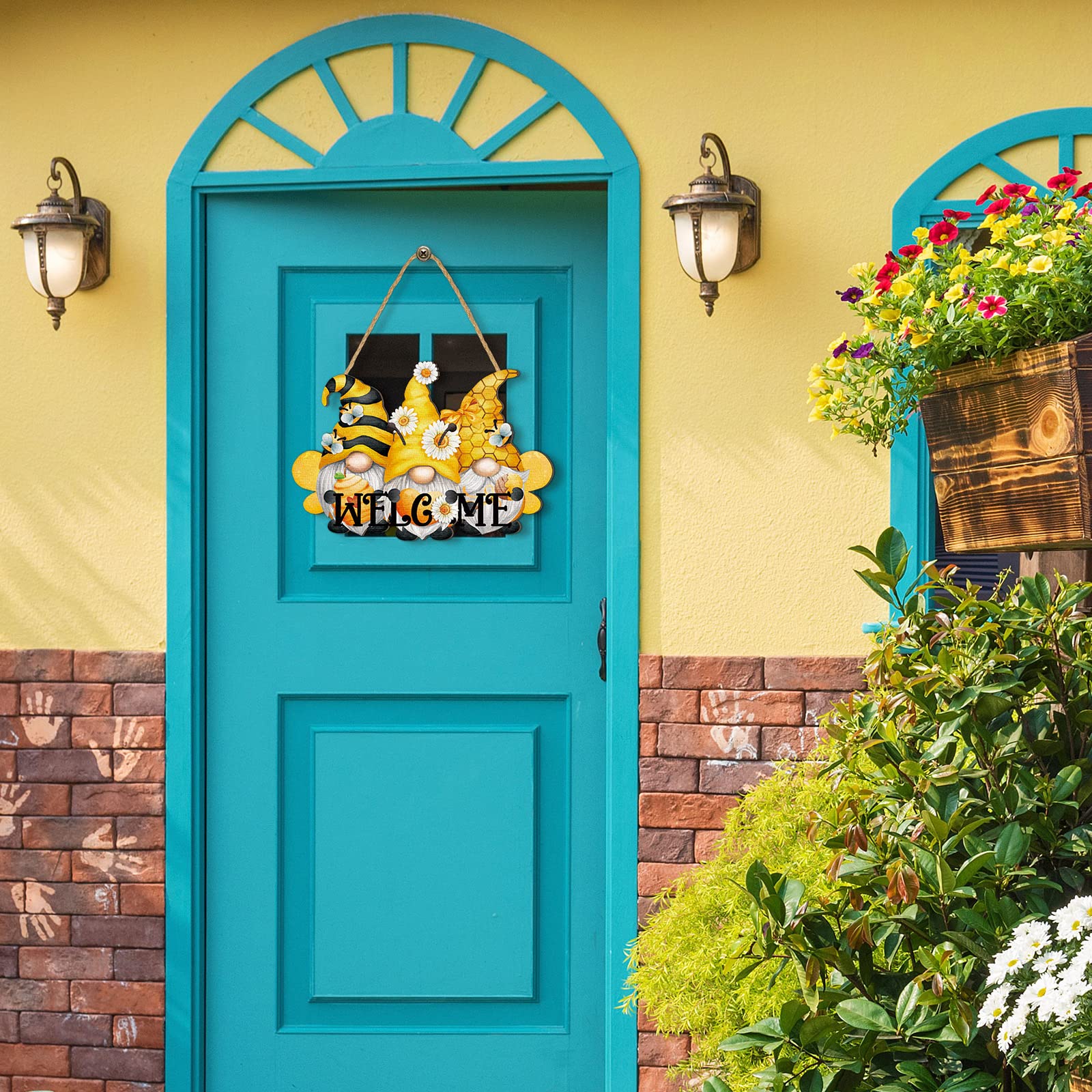 Bee Welcome Wood Door Hanger Wooden Gnome Sign Farmhouse Wall Porch Art Summer Front Door Wreath Hanging For Bedroom Living Room