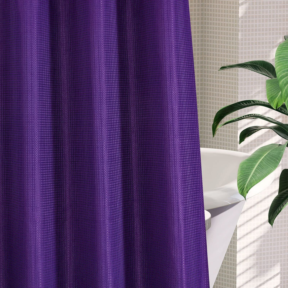 Mitovilla No Hooks Required Purple Waffle Shower Curtain Set With Snap-In Liner, Modern Heavyweight Fabric Shower Curtain For Ho