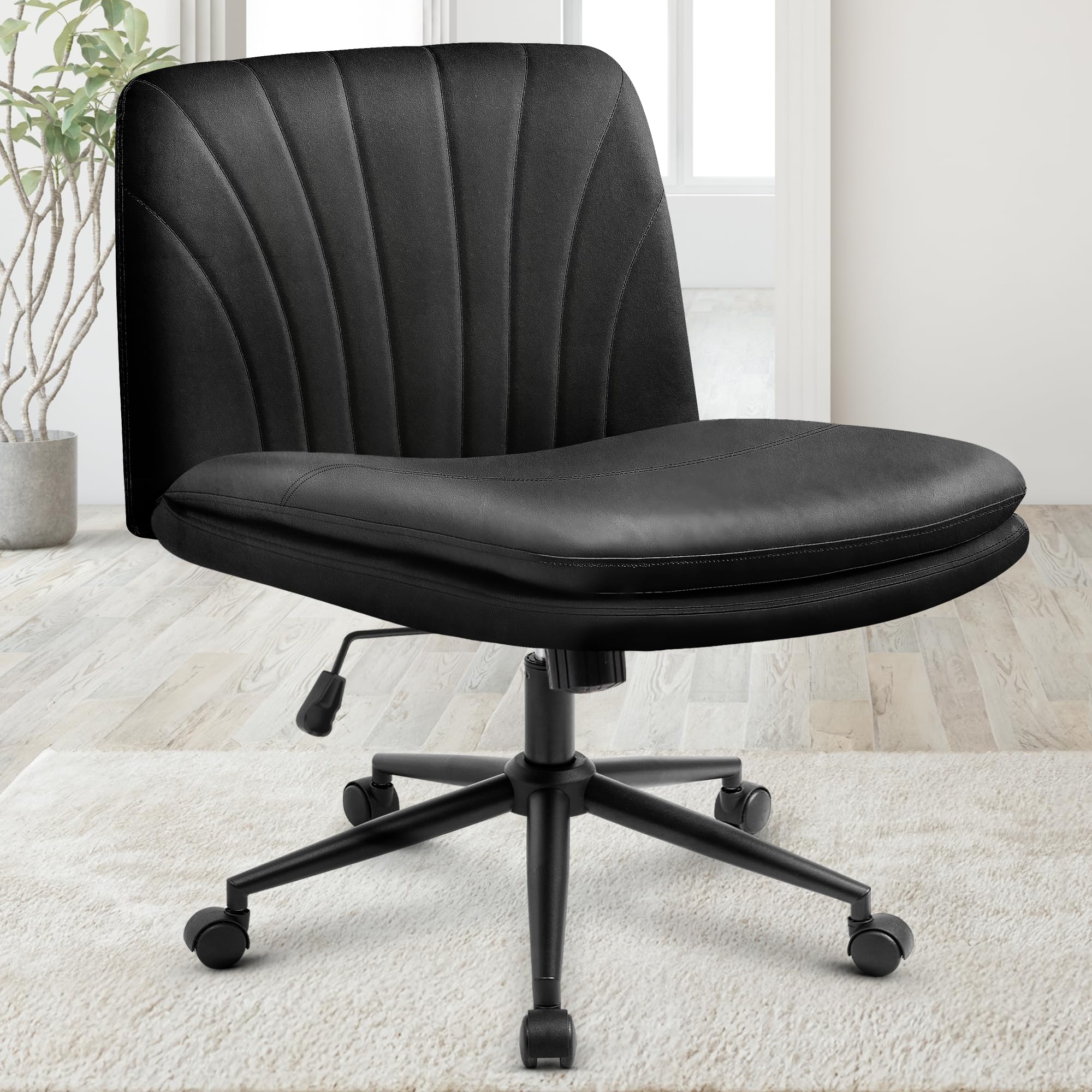Orange Factory Criss Cross Chair with Wheels Comfy Wide Vanity Desk Chair Dual Base Leather Armless Adjustable Swivel for Home C