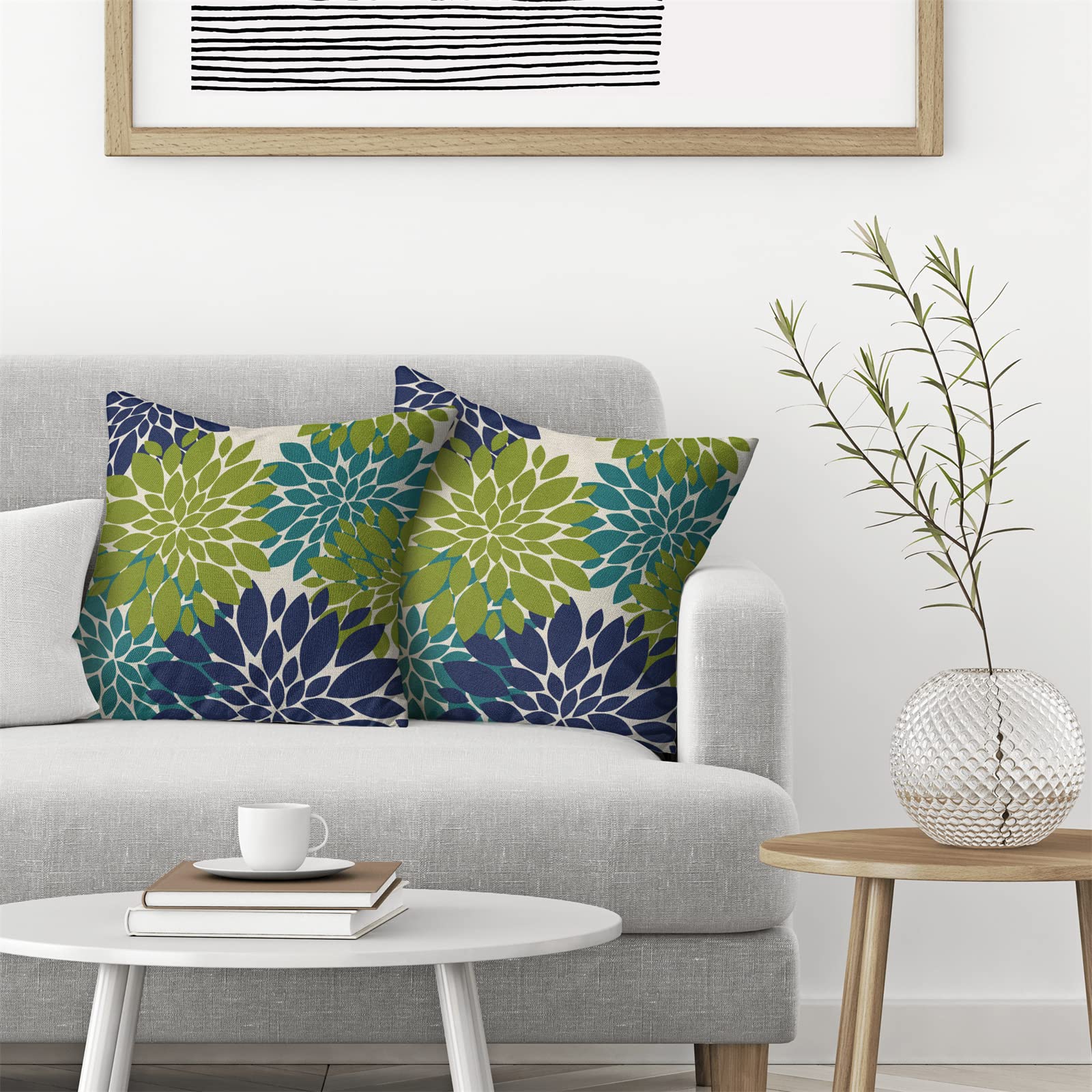 Cxmeifly Navy Blue Sage Green Teal Pillow Covers 18X18 Inch Set Of 2 Dahlia Floral Decor Throw Pillows Summer Modern Geometry Fl