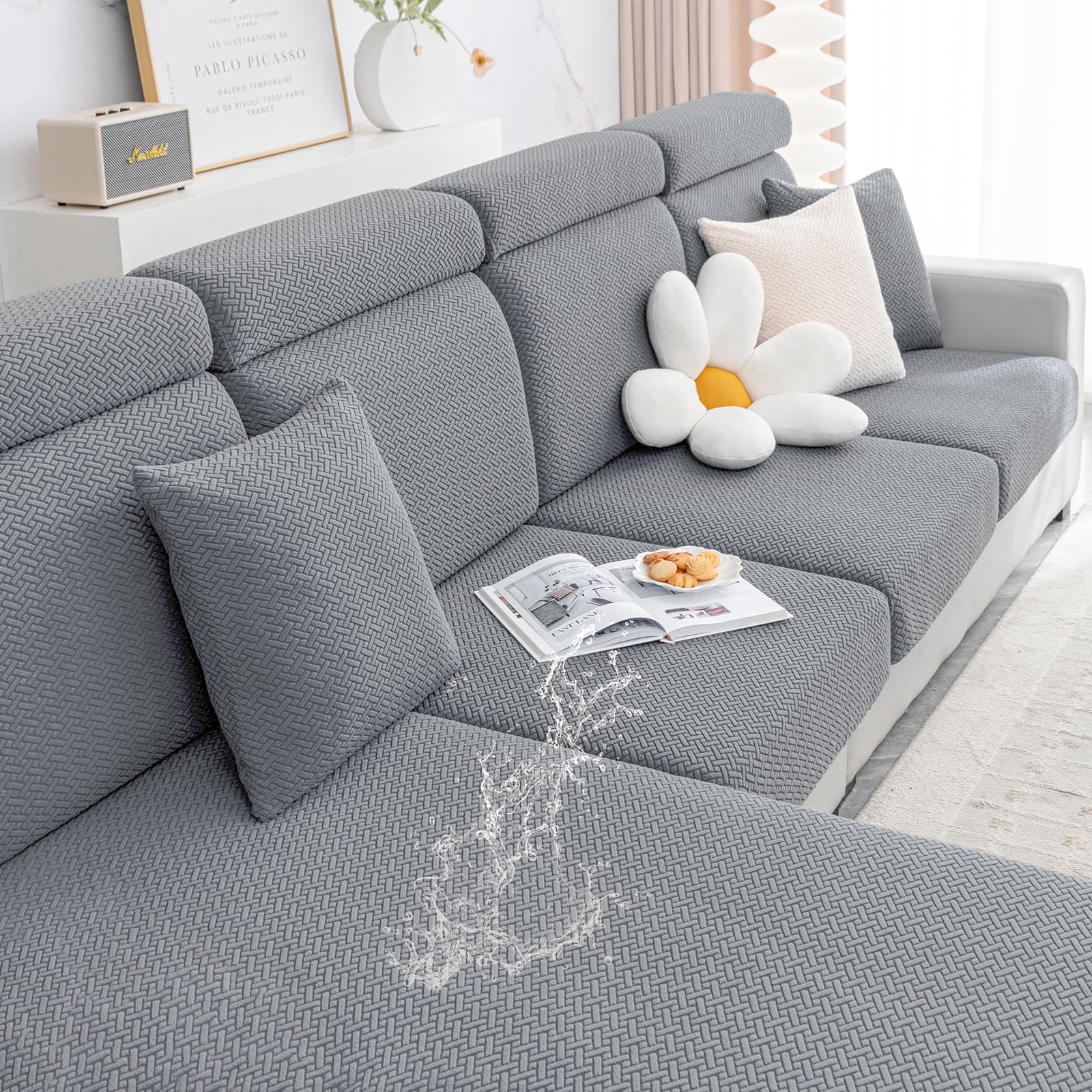 Smiry Waterproof Couch Cushion Covers, Stretch Jacquard Thick Sofa Cushion Covers, Washable Seat Cover Slipcover Elastic Furniture Protector For Pets, Kid (Medium, Light Grey)
