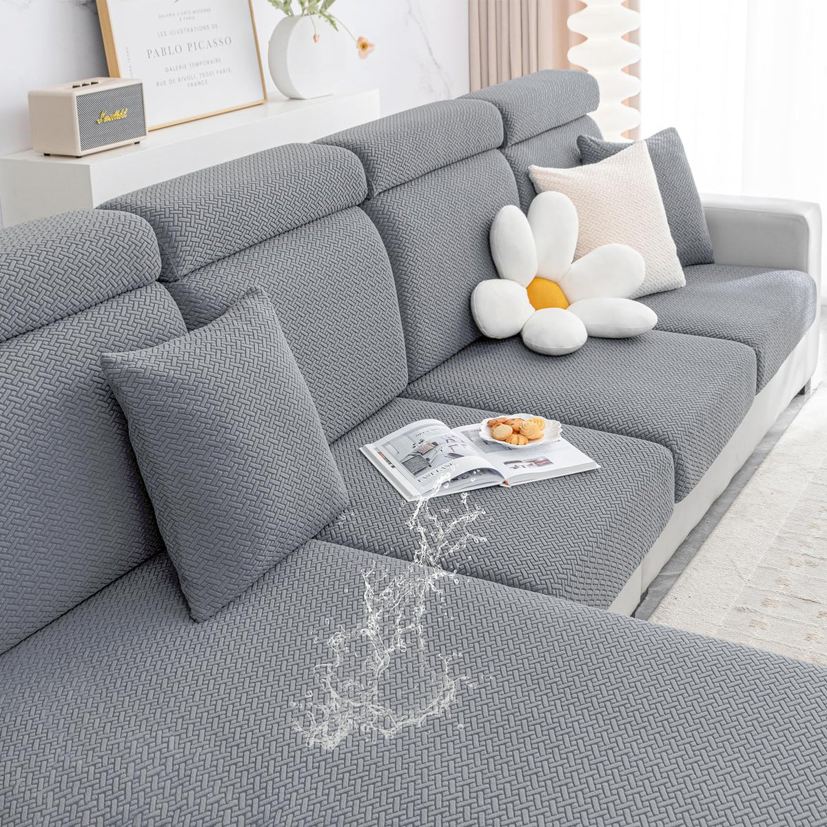 Smiry Waterproof Couch Cushion Covers, Stretch Jacquard Thick Sofa Cushion Covers, Washable Seat Cover Slipcover Elastic Furniture Protector For Pets, Kid (Chaise Cover, Light Grey)
