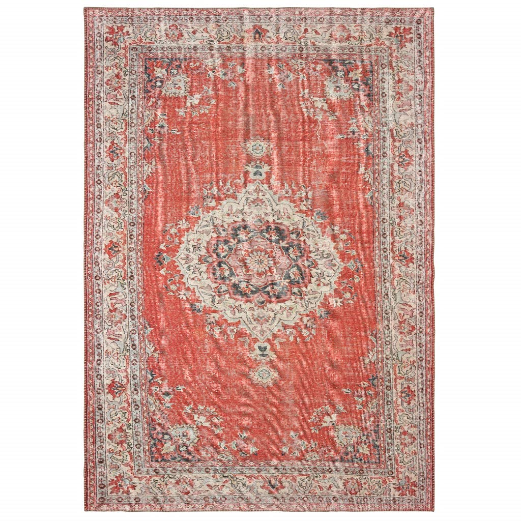 HomeRoots Polyester, Chenille 2’x3’ Red and Gray Oriental Scatter Rug