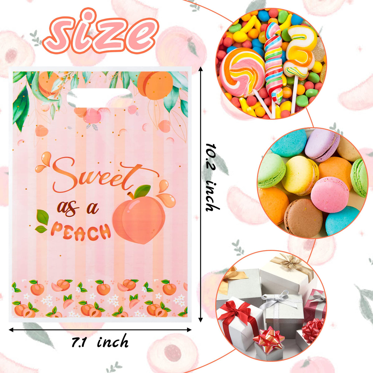 Haooryx 50Pcs Sweet As A Peach Party Favor Bags, Plastic Goodie Candy Bag Gift Wrapping Bags Birthday Gift Accessories Treat Bag