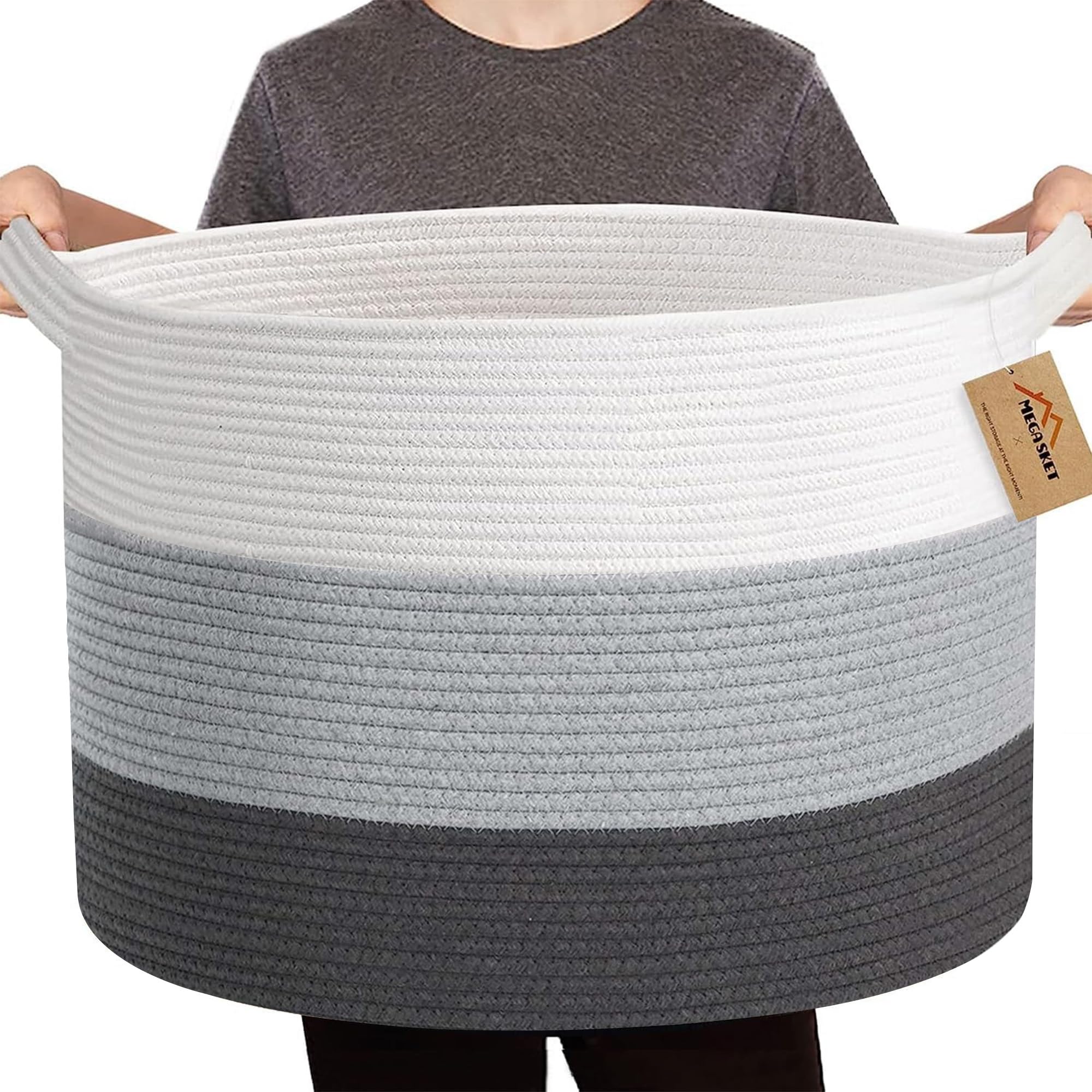 MEGASKET Extra Large Cotton Rope Basket, 22    X 22    X 14    Blanket Storage for Living Room, Soft Kids Dog Toy Bin Box, Woven