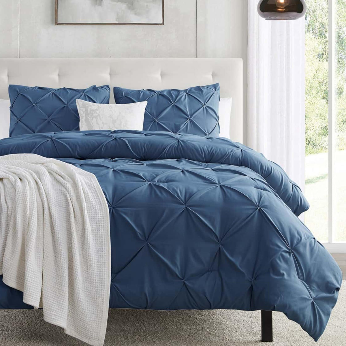 Nestl Navy Blue Duvet Cover Full Size - Soft Double Brushed Duvet Set with Button Closure & Corner Ties, 3 Piece Luxurious Pinch Pleated Duvet Cover Set 80x90 Inches with 2 Pillow Shams