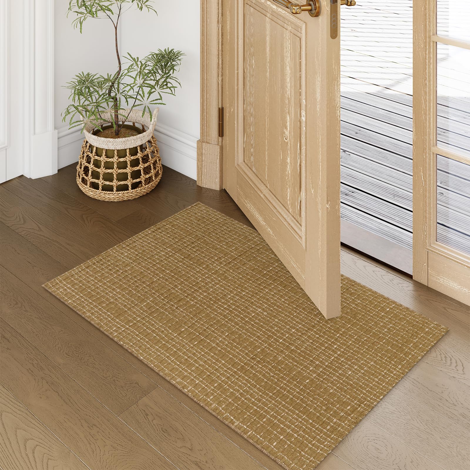Seavish Washable Entryway Rug, 2X3 Brown Rug Boho Farmhouse Bathroom Rugs Layered Front Door Mat Indoor Entrance Cotton Woven Mo