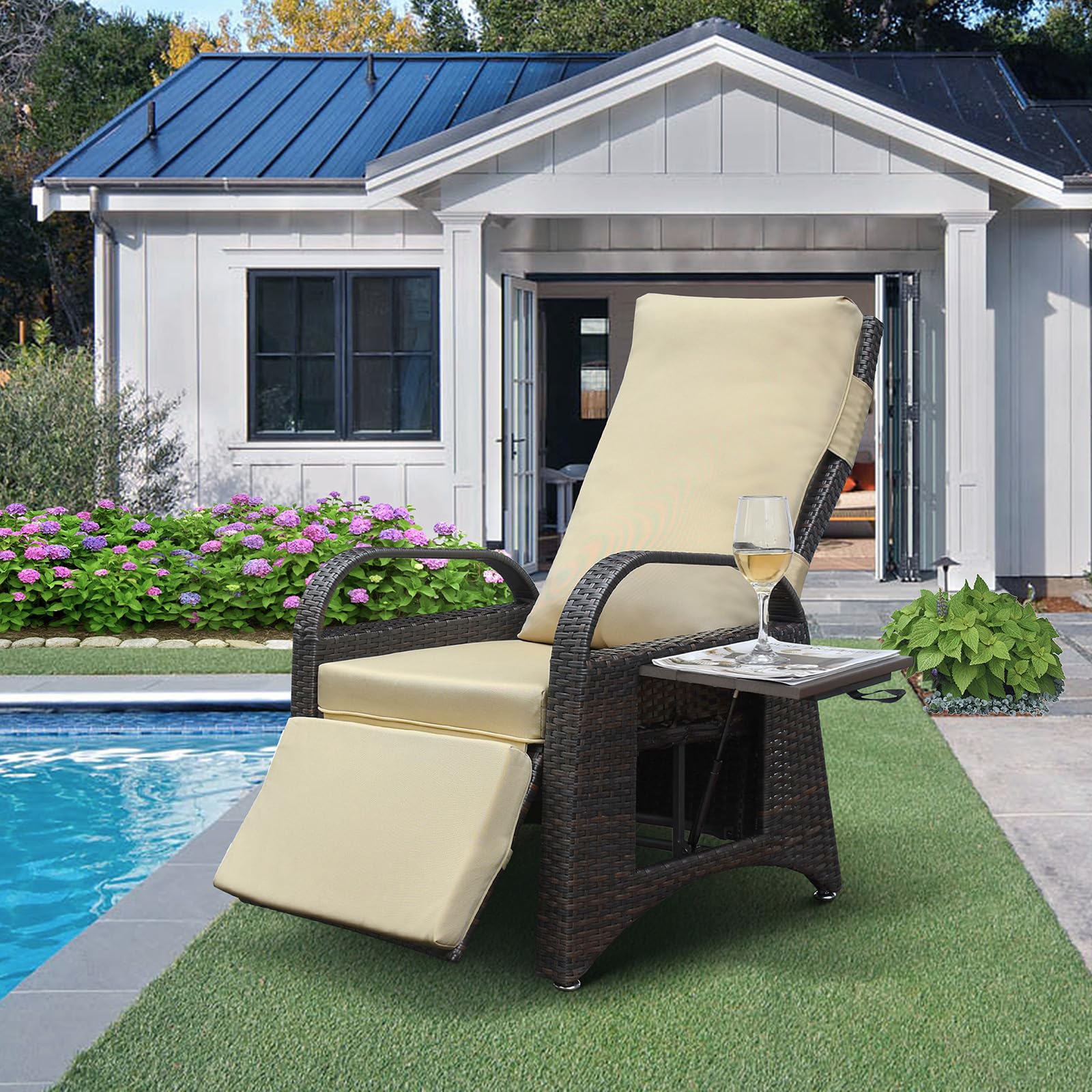 Skypatio Indoor/Outdoor Wicker Recliner Chair, Adjustable Backrest Patio Recliner Lounge Chair With Flip Side Table, Footrest And Soft Cushion(Khaki)