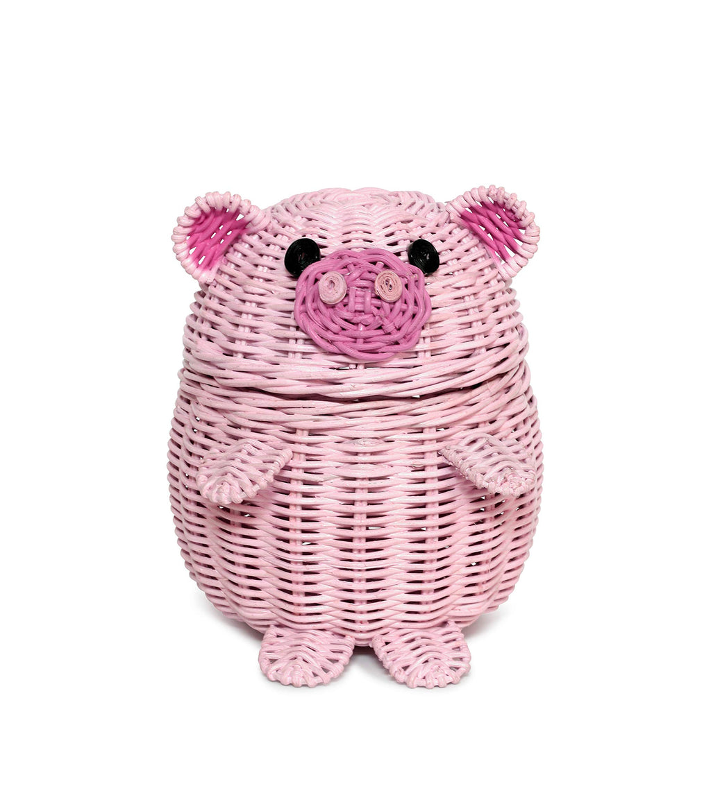 G6 COLLECTION Pig Rattan Storage Basket with Lid Decorative Bin Home Decor Hand Woven Shelf Organizer Cute Handmade Handcrafted 
