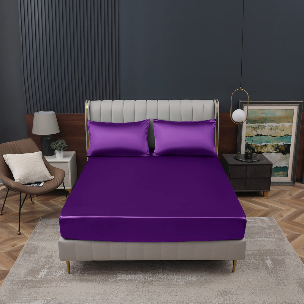 Homiest Purple Satin Fitted Sheet Twin Size Fitted Bed Sheet, Deep Pocket Fitted Sheet Only, Luxury & Ultra Soft Bedding Fitted Sheet Single Bottom Bed Sheets Sold Separately