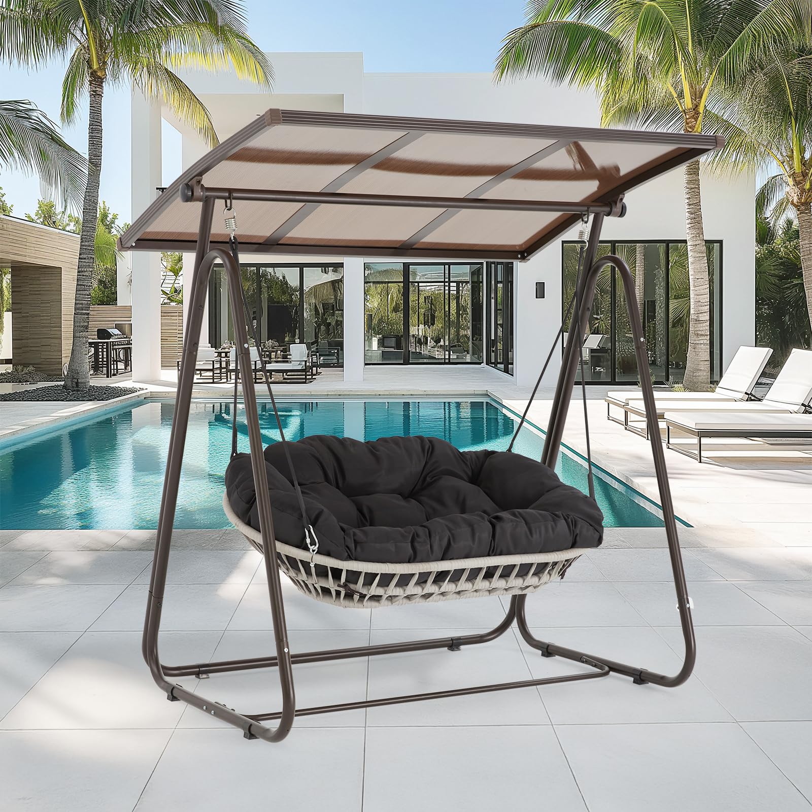 2-Person Outdoor Porch Swing With Adjustable Hardtop Canopy, 5.9' Thick Cushions,Weather-Resistant Rattan Patio Swing Chair Wit