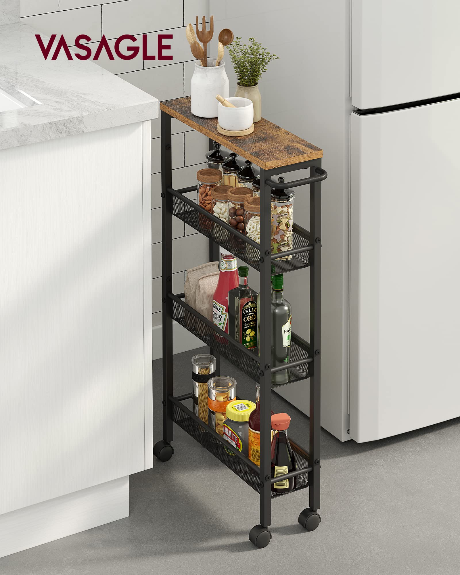 Vasagle Slim Rolling Cart, 4-Tier Storage Cart, Narrow Cart With Handle, 5.1 Inches Deep, Metal Frame, For Kitchen, Dining Room, Living Room, Home Office, Rustic Brown And Classic Black Ulrc032B01V1