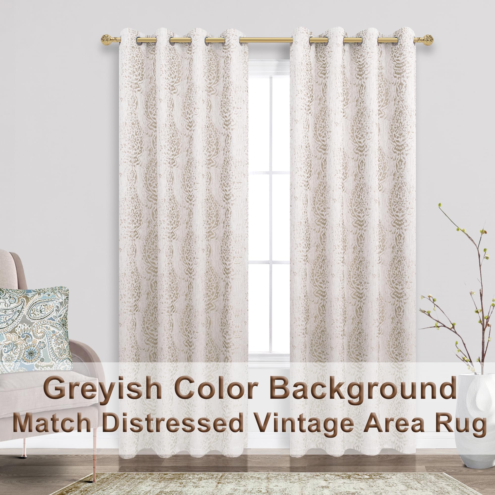 Mrs.Naturall Tan Paisley Curtains For Bedroom 96 Length 50% Blackout Boho Print Bas Relief Extra Long Tufted Curtains For Living Room,52X96 Inches Long
