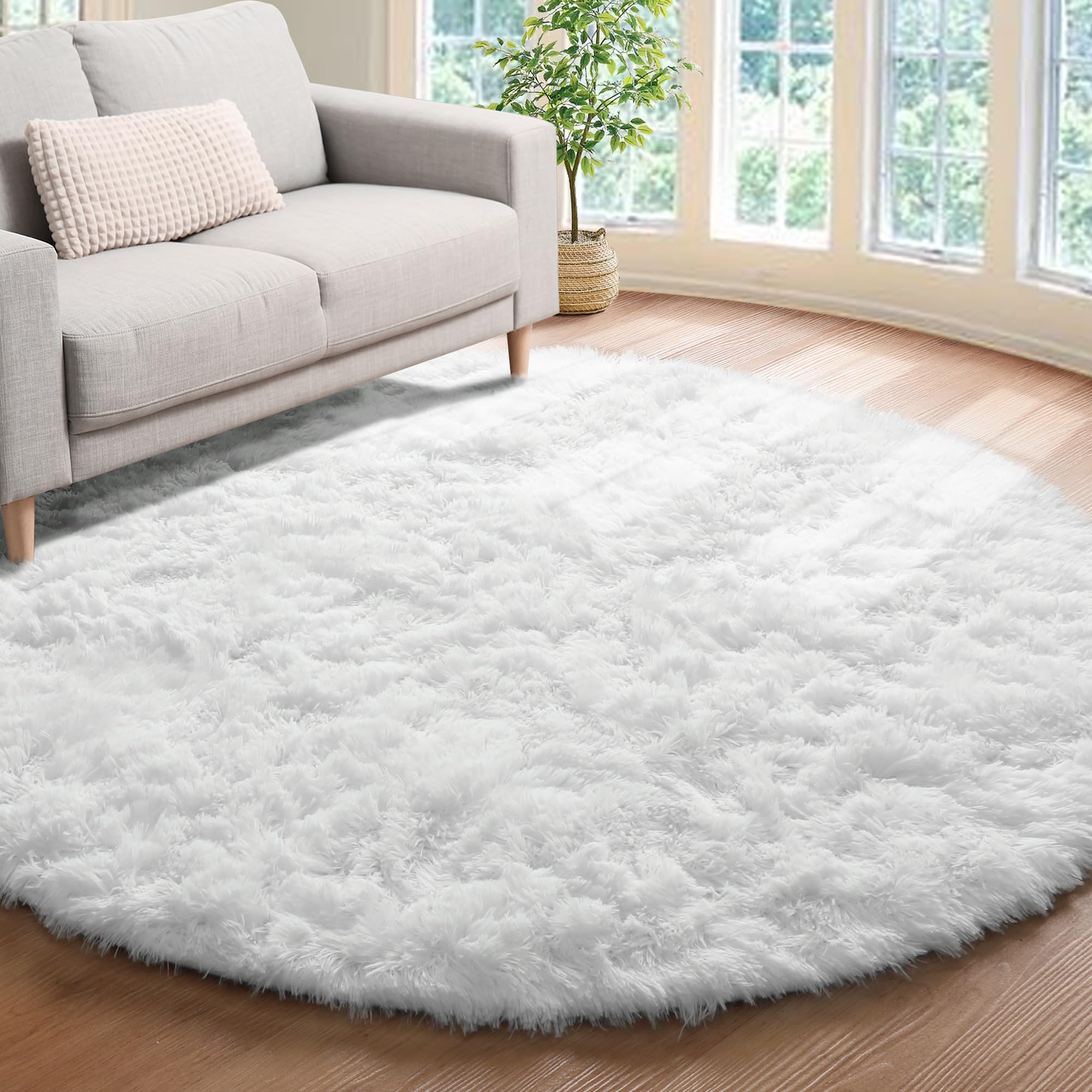 ONASAR White Round Area Rug 4x4, Soft Bedroom Circle Rugs Floor Mat for Kids Girls Boys Teen Room, Fuzzy Plush Shaggy Carpet for