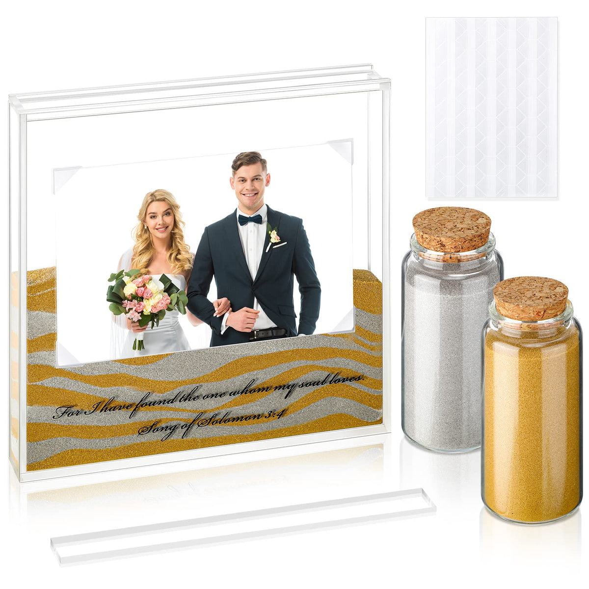 Roowest Wedding Sand Ceremony Kit Includes Clear Acrylic Unity Sand Ceremony Photo Frame 2 Pack Photo Fixing Corner Stickers and 2 Glass Unity Holder for Weddings Gifts Party Home Decor(Yellow, Gray)
