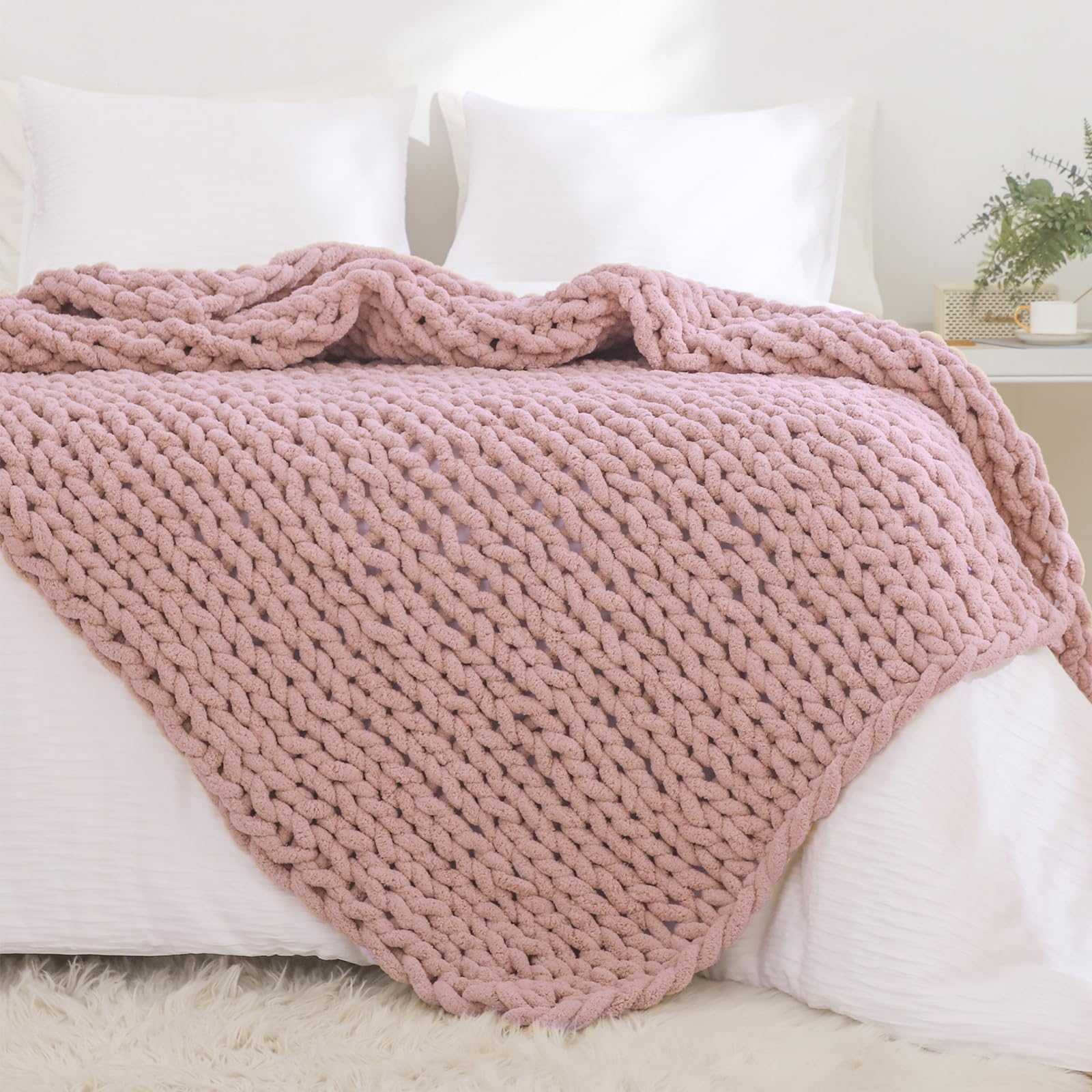 Yaapsu Chunky Knit Blanket Throw 51'X63', Chenille Throw Blankets, Chunky Knitted Throw Blanket For Couch & Bed, Soft Large Kn