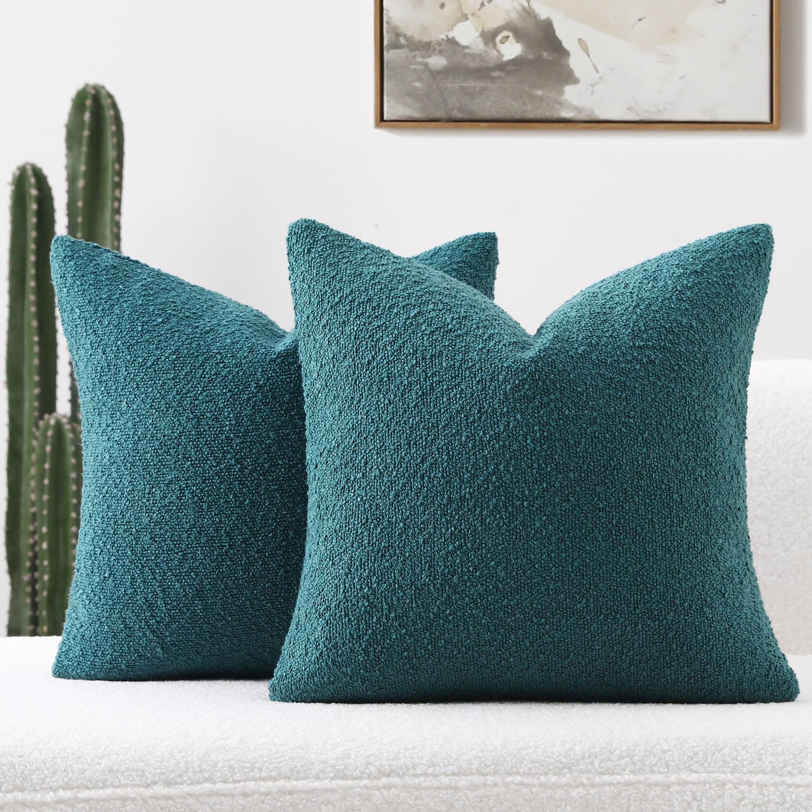 Futei Pack Of 2 Teal Green Boucle Accent Decorative Throw Pillow Covers,18X18 Inch Soft Solid Textured Cushion Case,Home Decor F