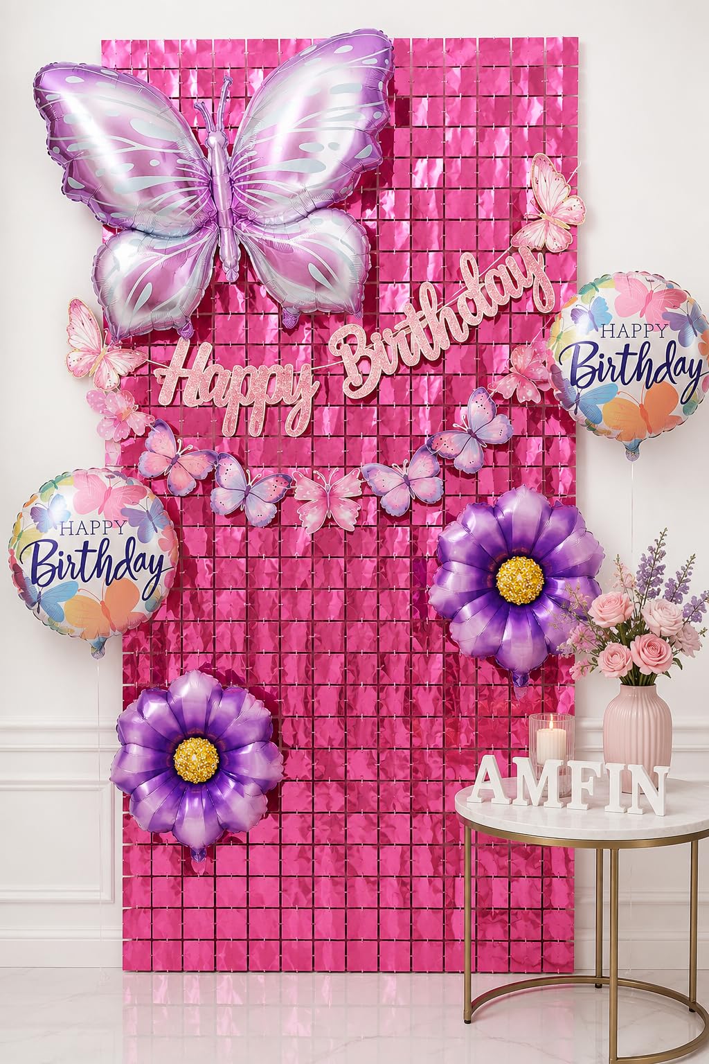 AMFIN (Pack of 8) Butterfly Theme Birthday Decoration Kit Metallic Finish Women Girls Item Purple Rainbow Flower
