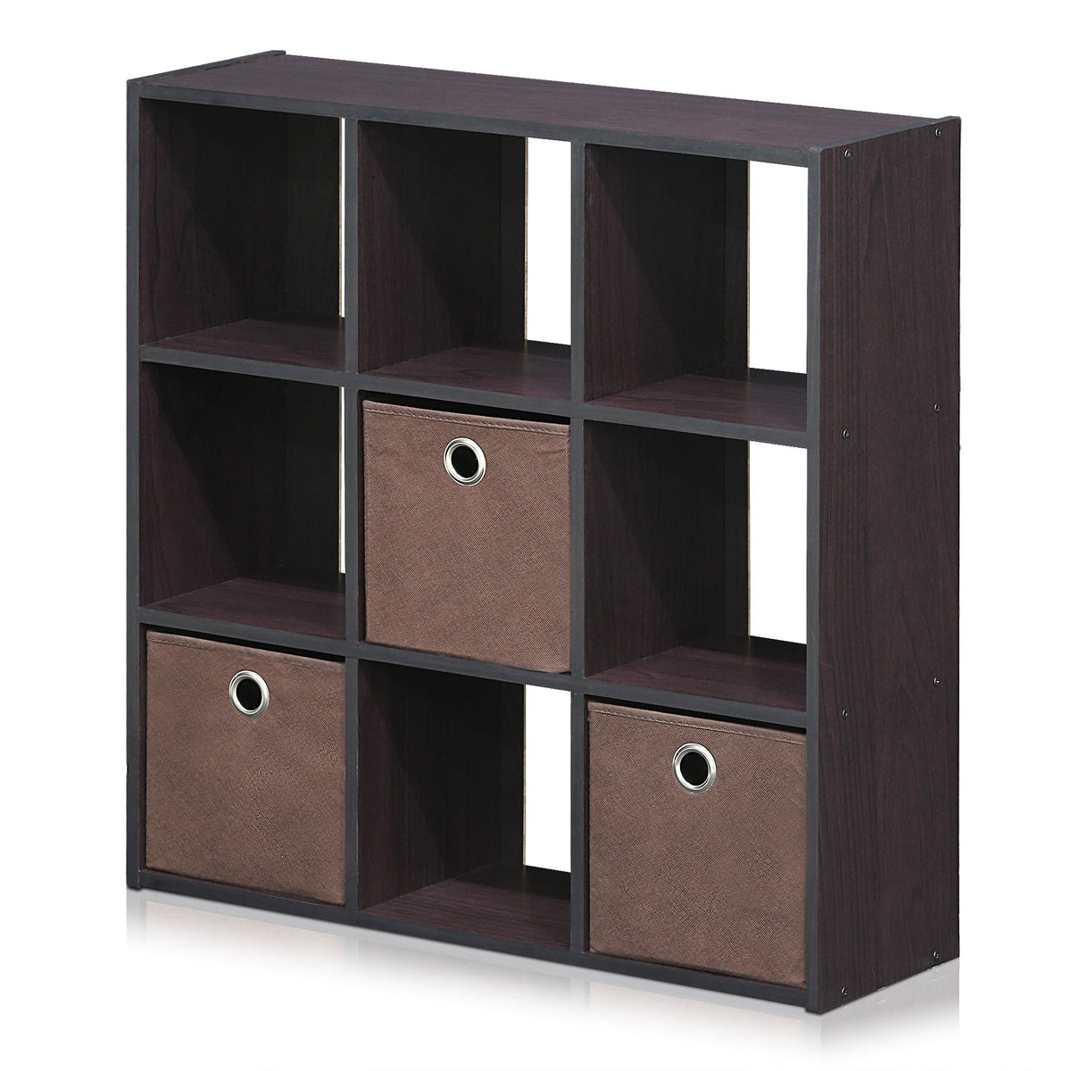 Furinno Simplistic 9-Cube Organizer with Bins, Small Size (Assembled Unit Dimensions : 7.9"D x 26.5"W x 26.7"H Inches), Dark Walnut