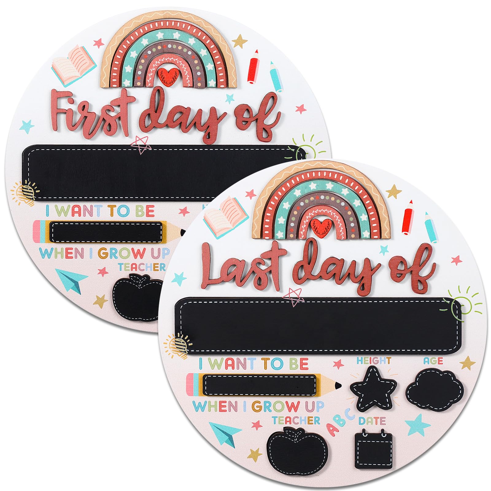 Thyle Back To School Sign 3D Round Wooden First And Last Day Of School Board Reusable Rainbow Double Sided Erasable Boho 1St Day